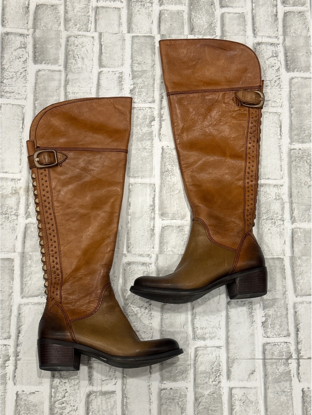 Vince Camuto Two Tone Brown Leather Knee-High Boots with Studded Back Detail